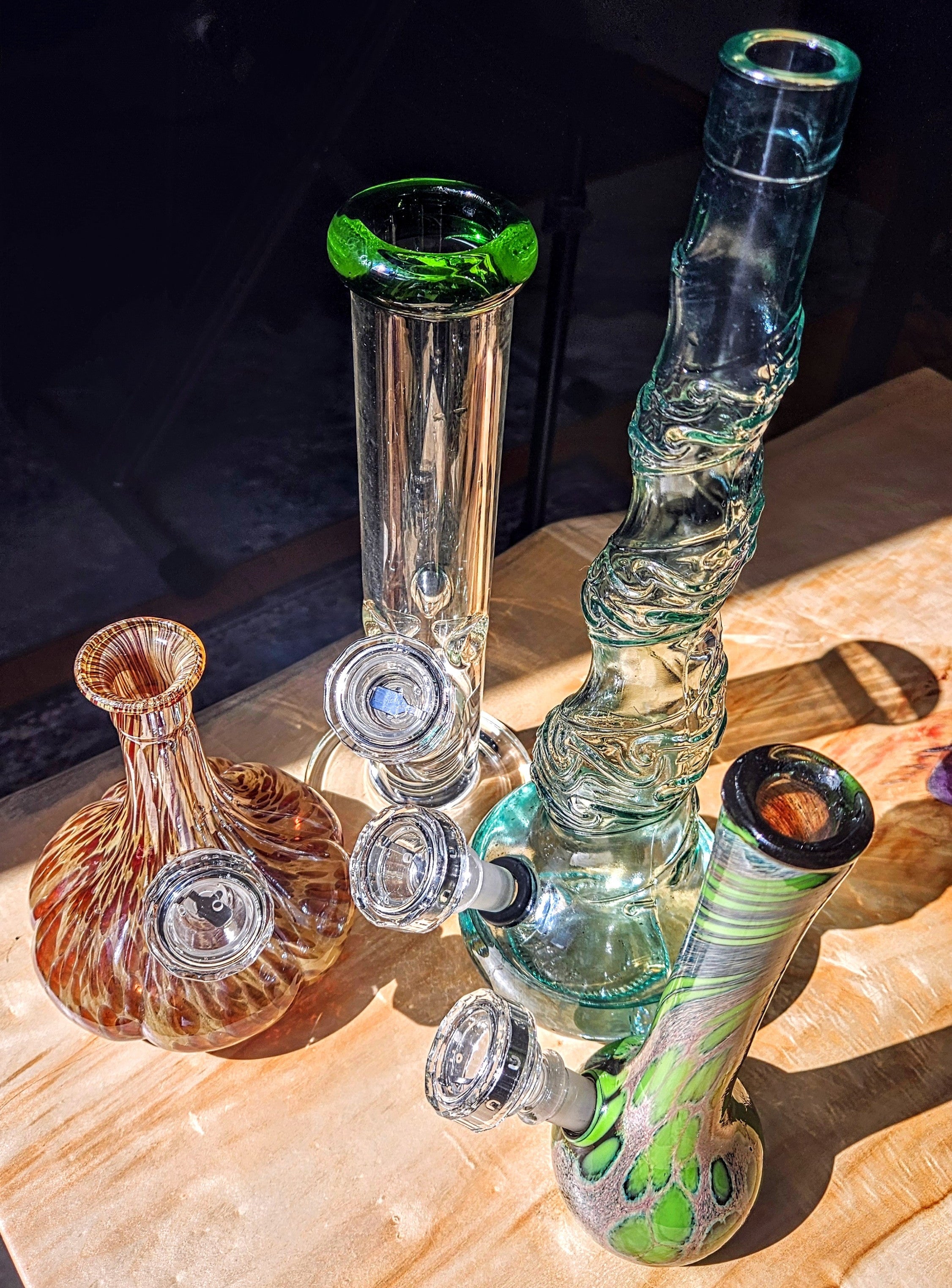 Close up of multiple Mary Go Rounds installed in smoking devices