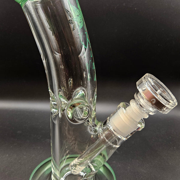 Clear glass water pipe with green accents on a white background