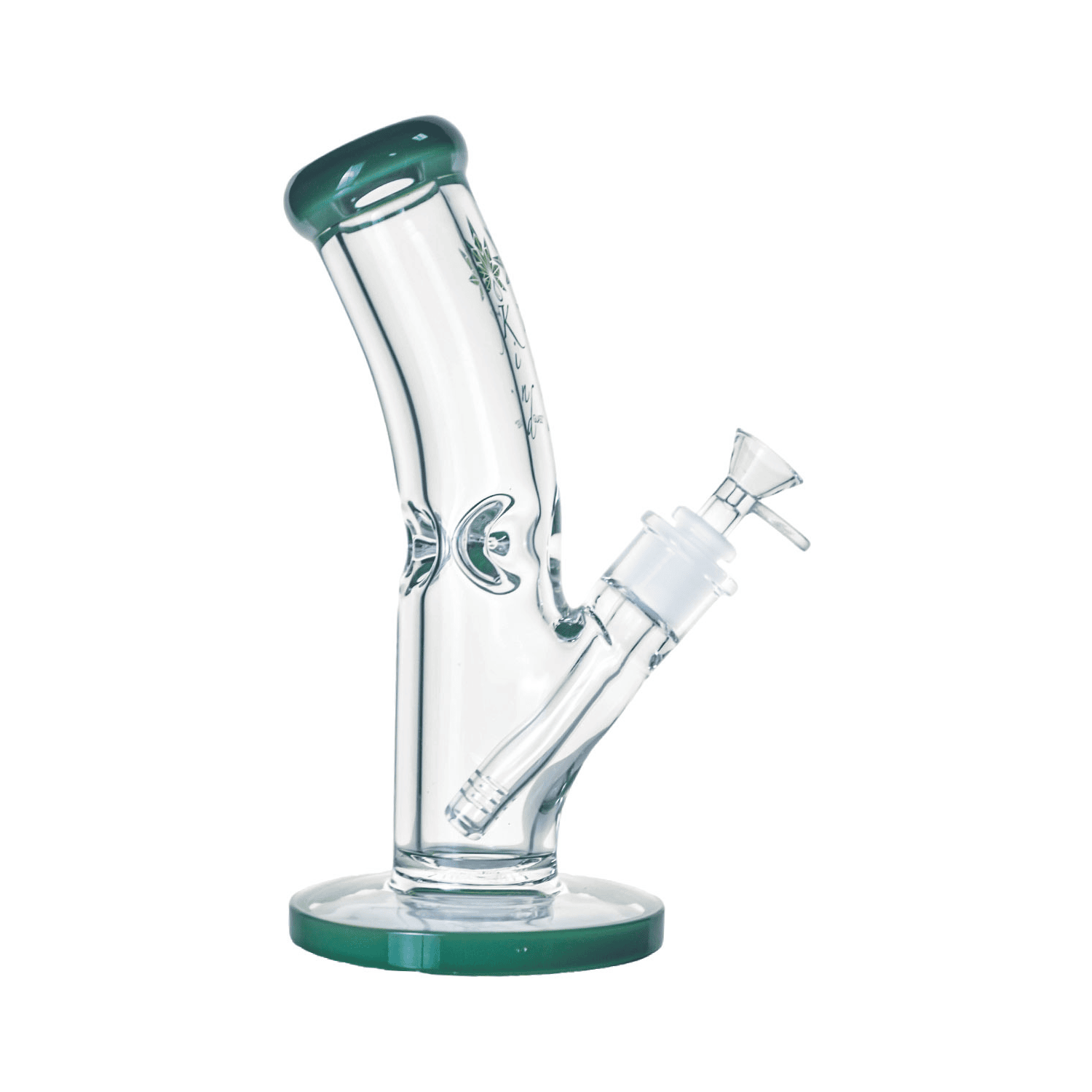 Clear glass water pipe with green accents on a white background