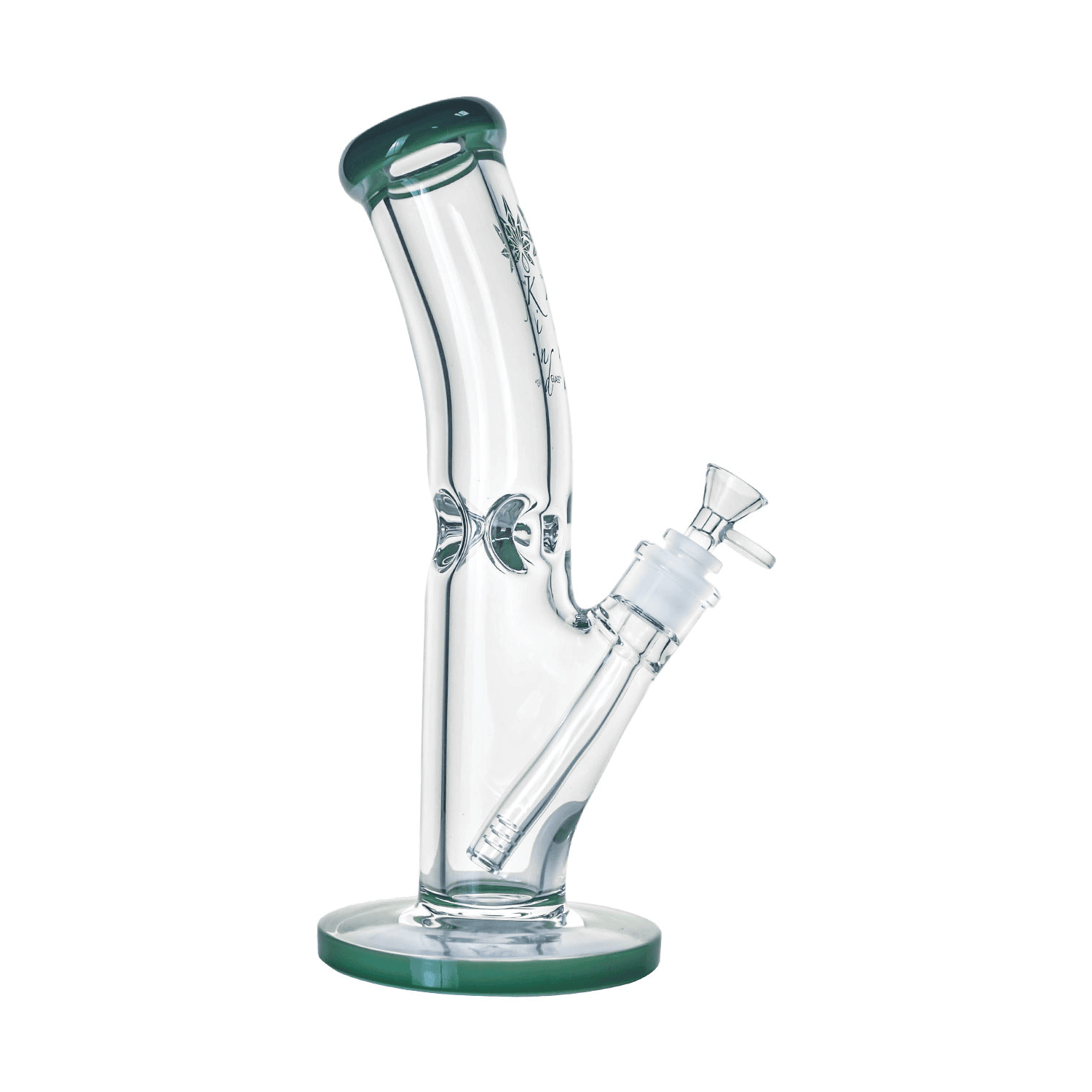 Clear glass water pipe with green base and accents on a white background