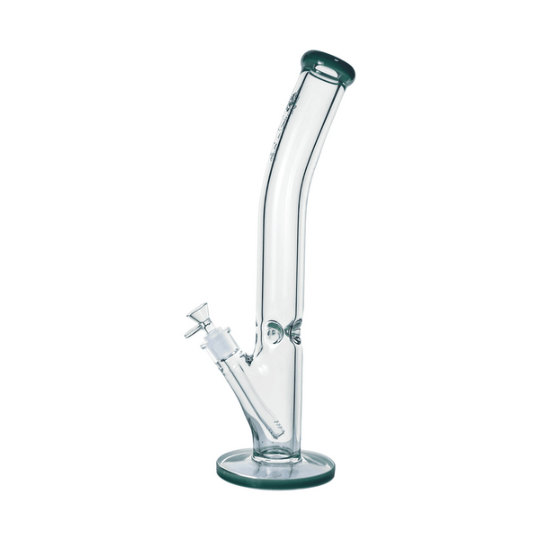 Clear glass water pipe with green accents on a white background