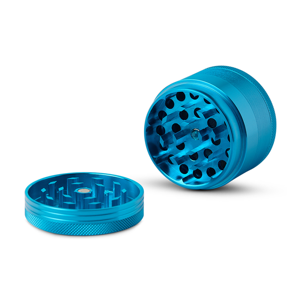 Blue metal grinder with 'Human Grade' branding on a white background