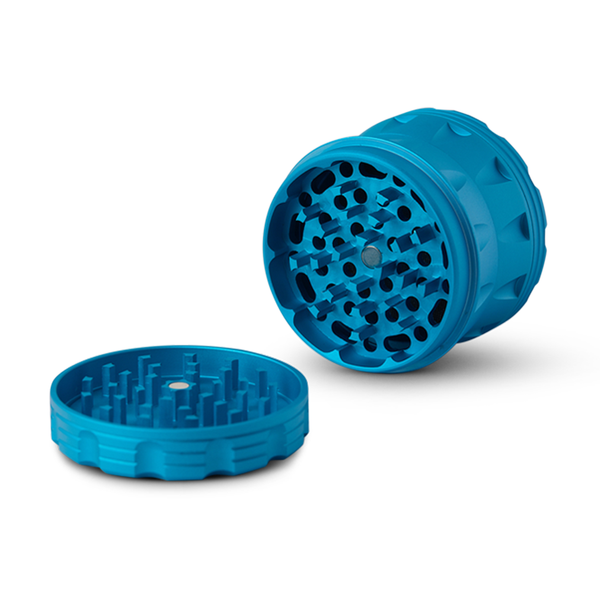 Blue cylindrical container with textured surface on a white background