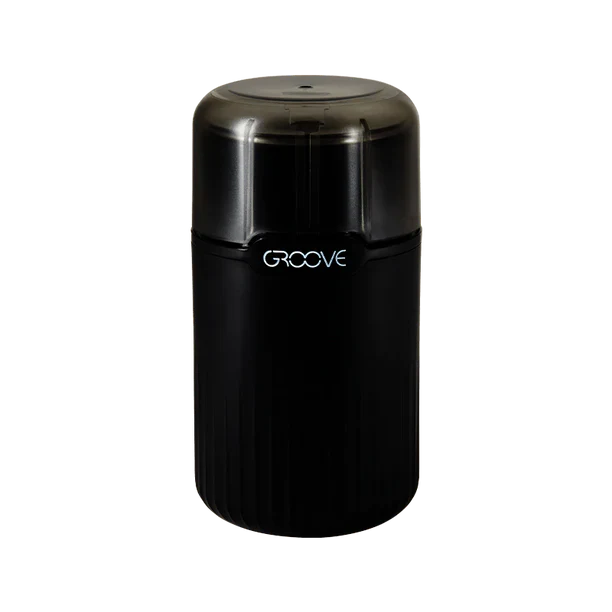 Black coffee grinder with 'Groove' branding on a white background