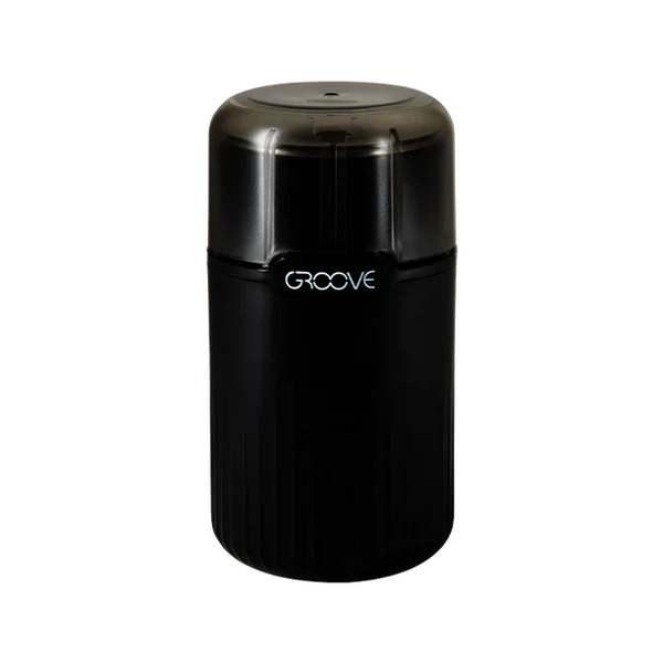 Black coffee grinder with 'Groove' branding on a white background