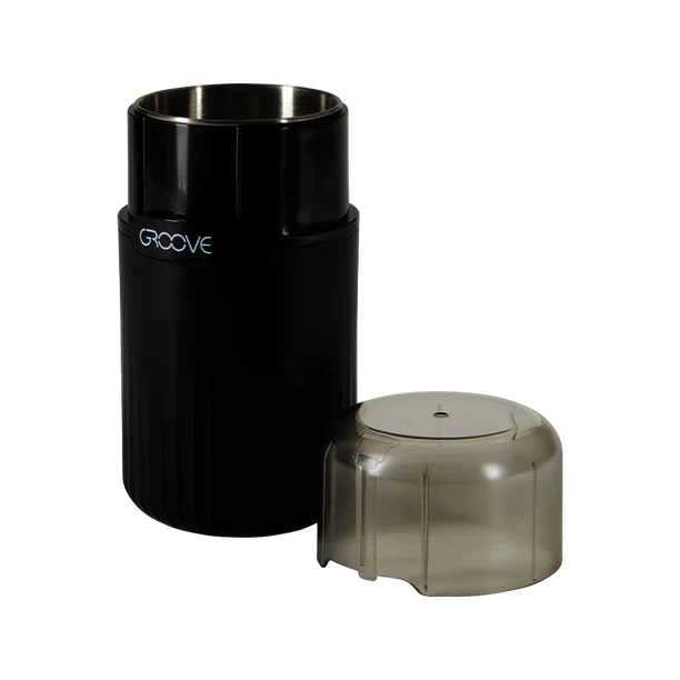 Black and clear cylindrical containers with 'GROOVE' branding on a white background