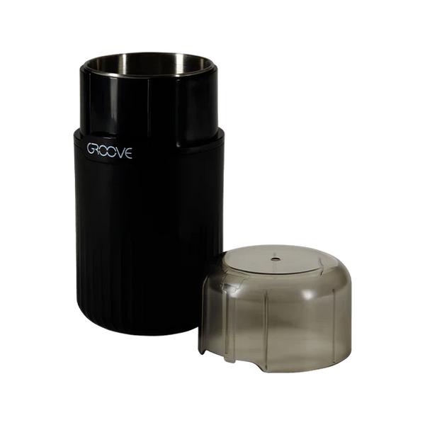 Black coffee grinder with 'Groove' branding on a white background