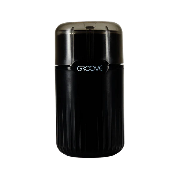 Black coffee grinder with 'Groove' branding on a white background