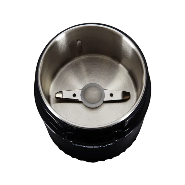 Black coffee grinder with 'Groove' branding on a white background