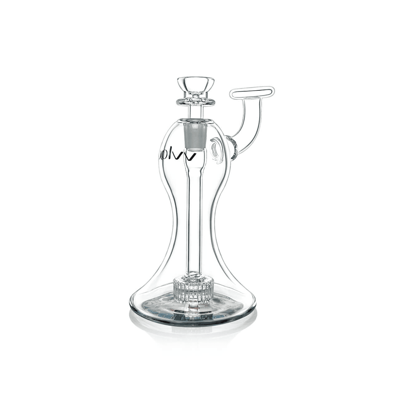 Clear glass water pipe with a brand logo on a white background