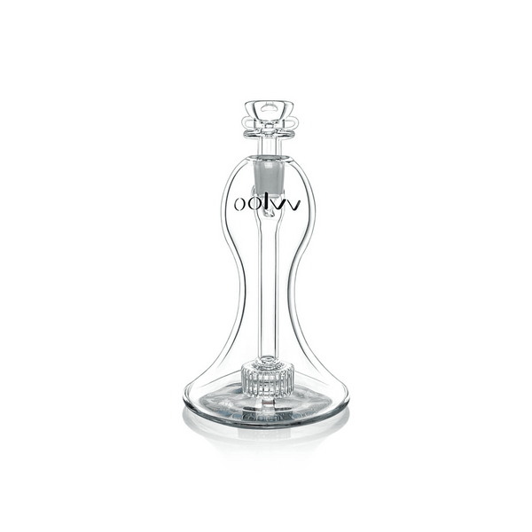 Clear glass water pipe on a white background with green sides